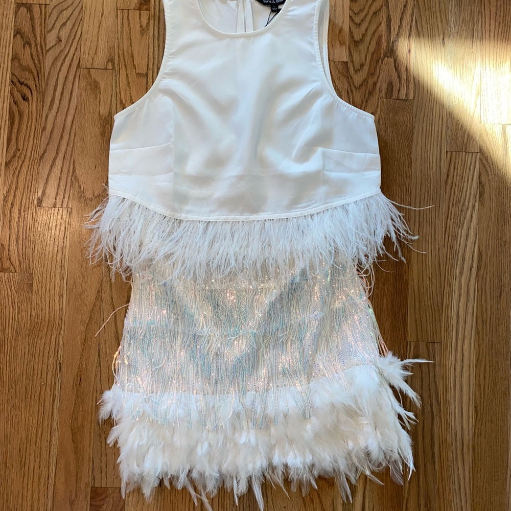 2 piece white with fathers and beads skirt and top NWT